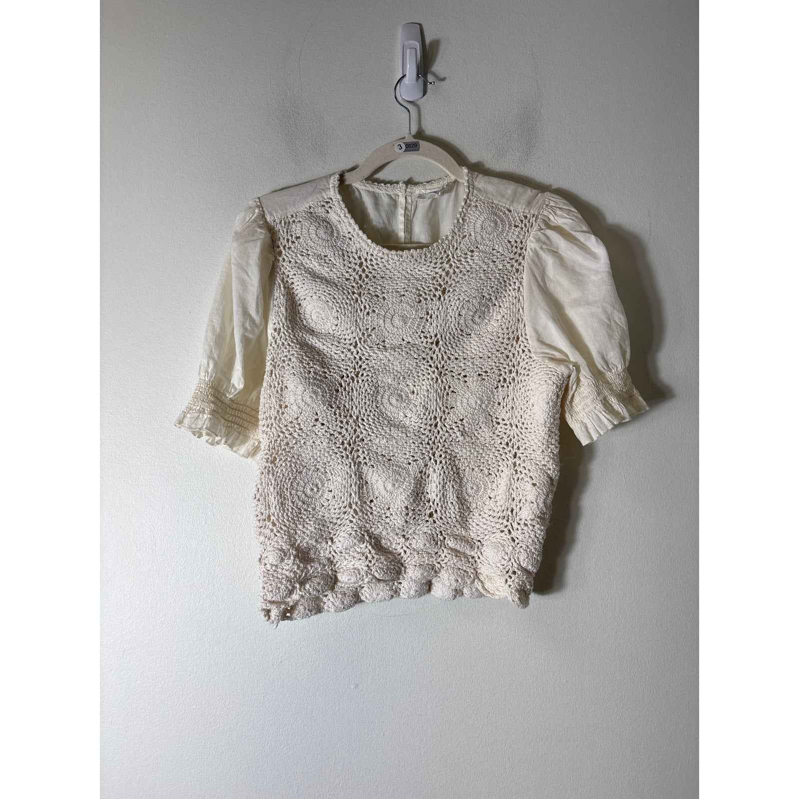 Allison NY Ivory Mixed Media Crocheted Short Puff Sleeve Top Sz M