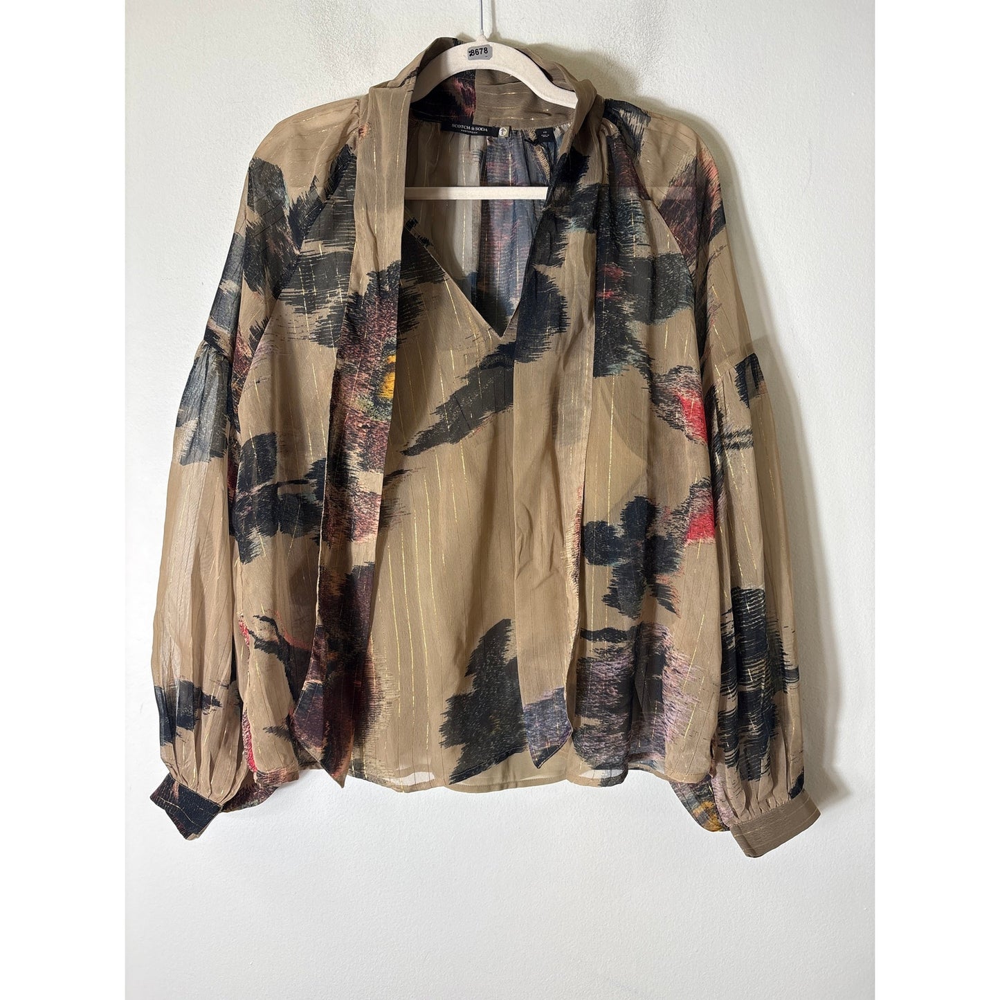 NWT Scotch & Soda Tan Black Long Sleeve Sheer Shirt Sz 40