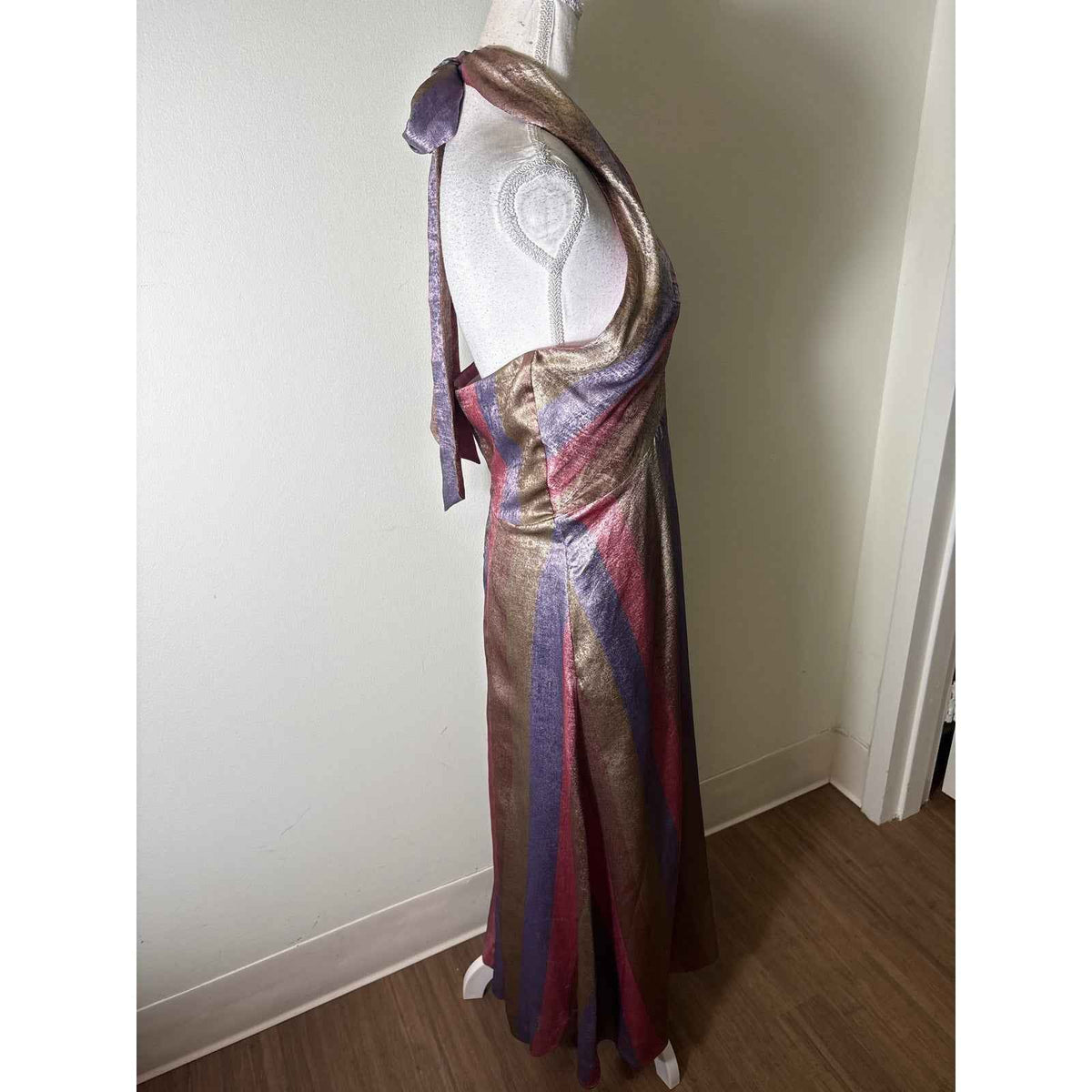 Mestiza Shimmery Pink and Purple Striped Halter Gown Sz 6