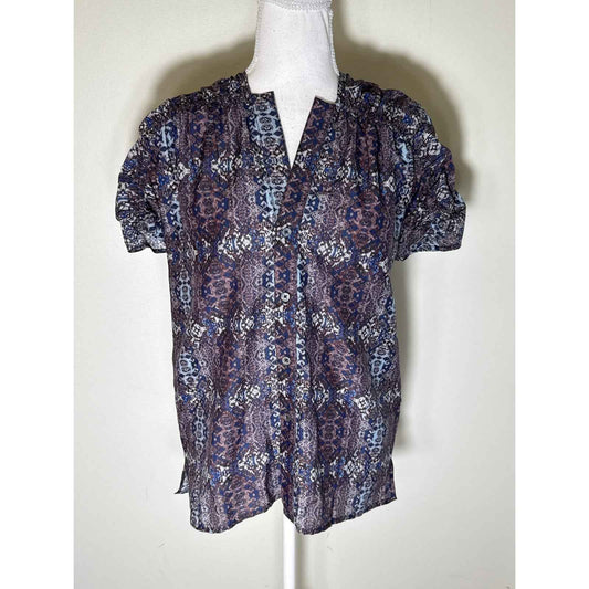 Billy Reid Blue Cap Sleeve Button Up V-Neck Shirt Sz S