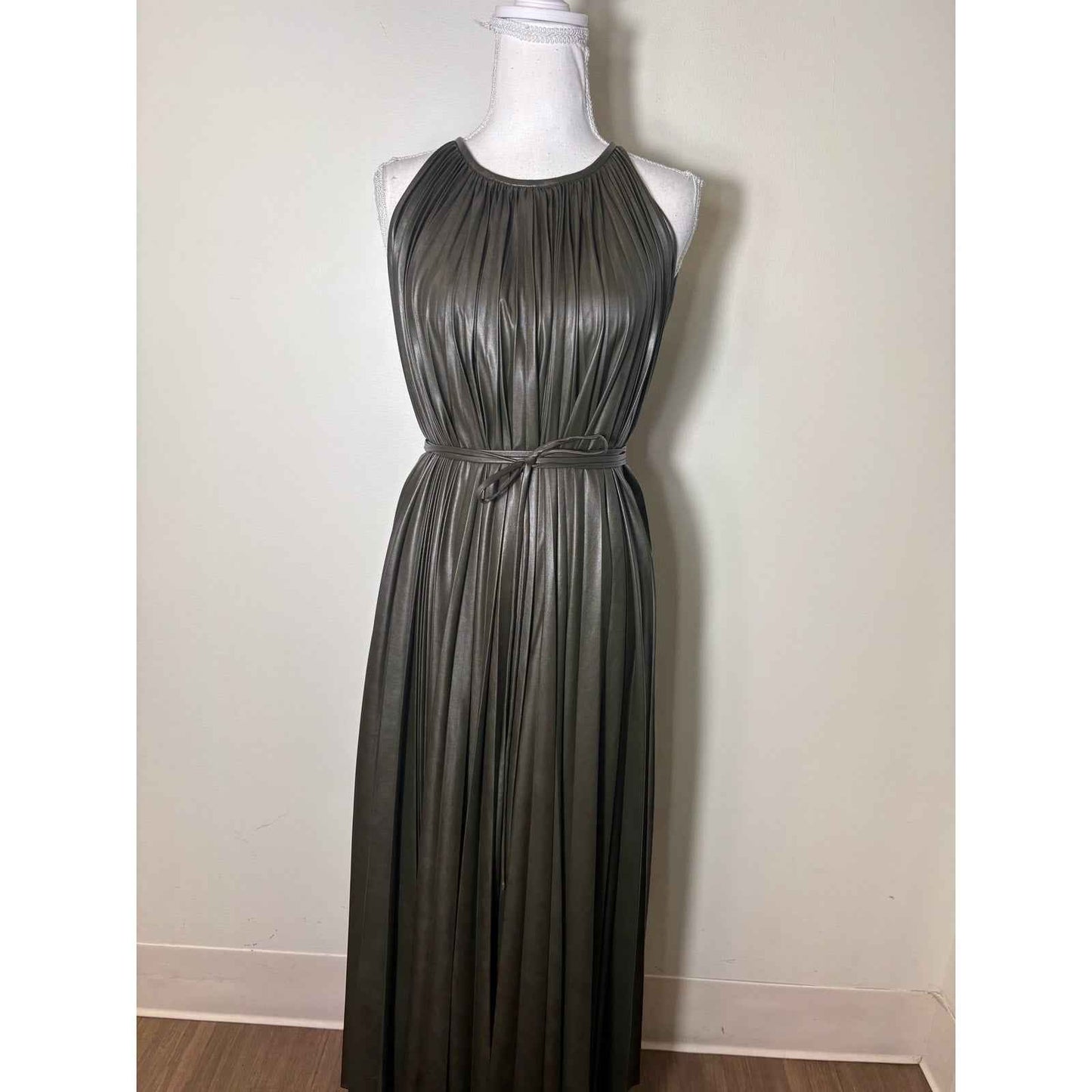NWT Halston Dark Green "Noah Dress in Pleated Leather" Sz 8