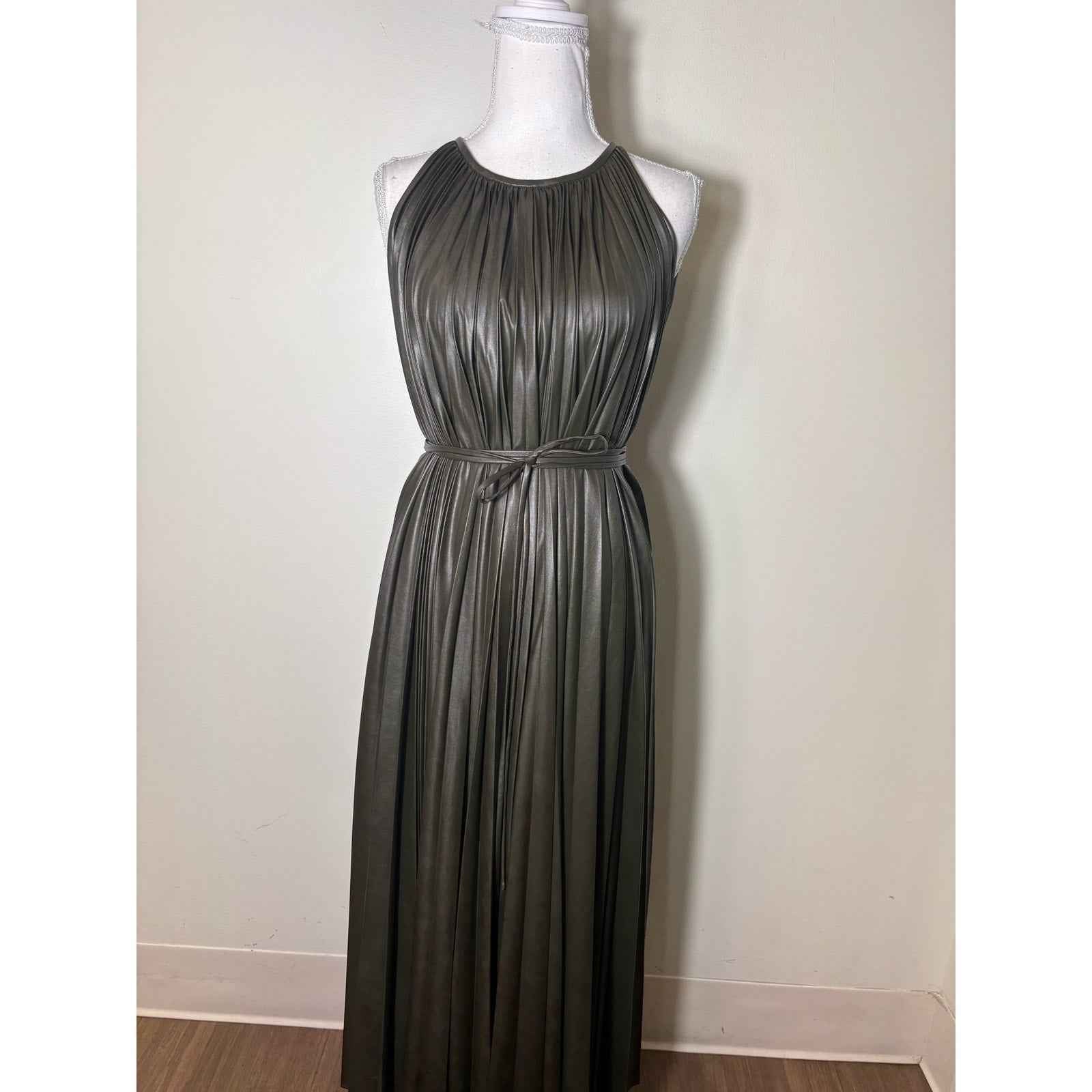 NWT Halston Dark Green "Noah Dress in Pleated Leather" Sz 8