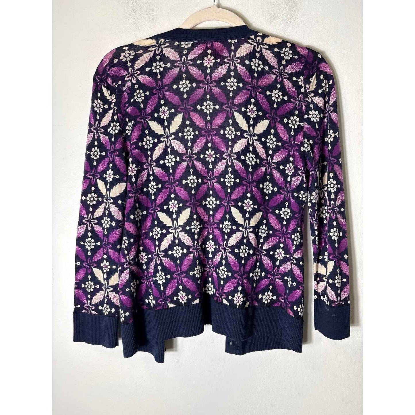 Tory Burch Purple Off White Long Sleeve Wool Cardigan Sz M