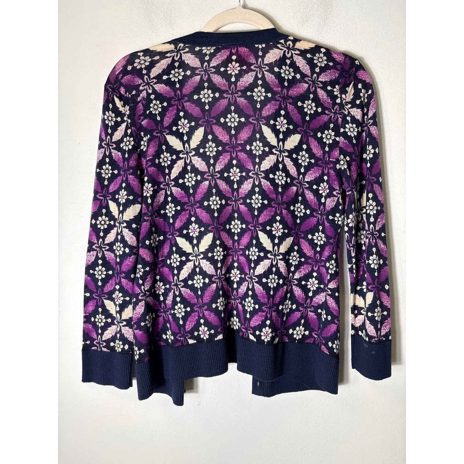 Tory Burch Purple Off White Long Sleeve Wool Cardigan Sz M