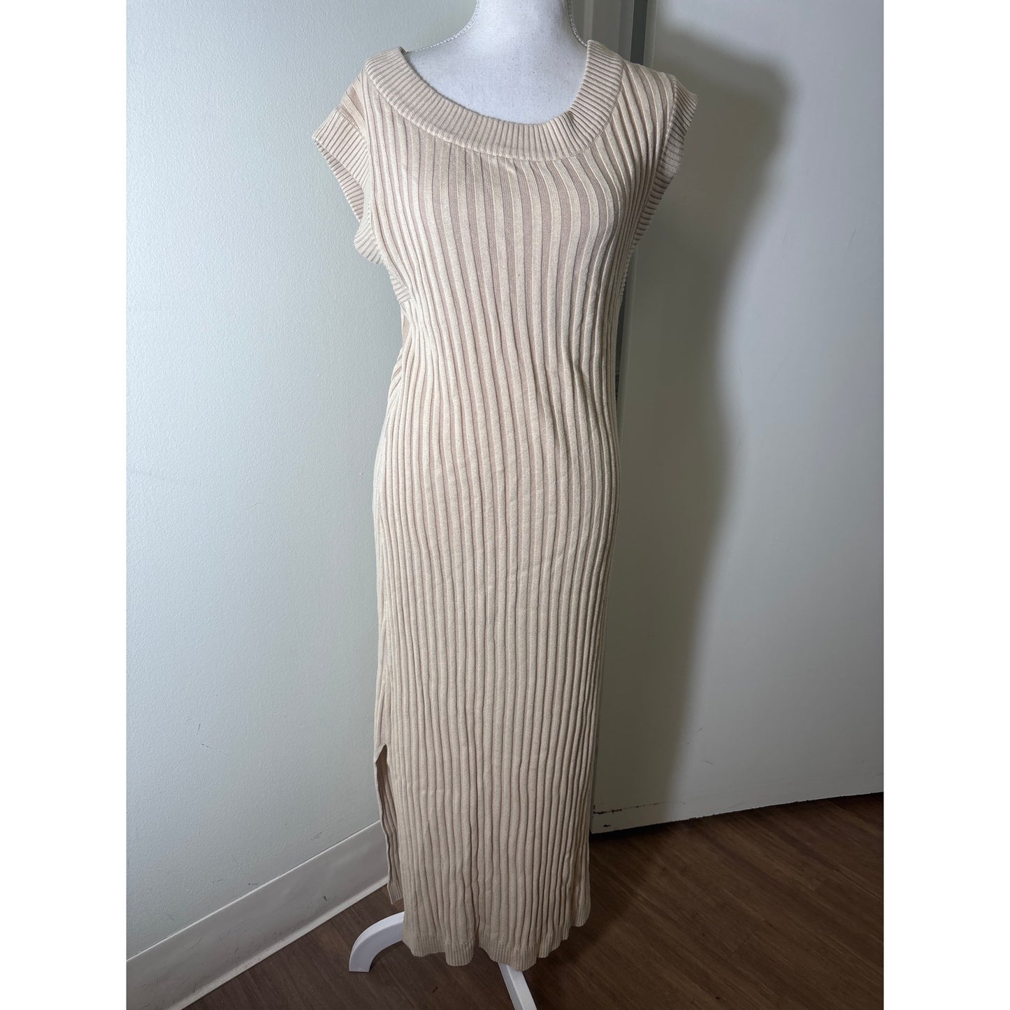 Sancia Anthropologie Beige Sleeveless Knit Ribbed Maxi Sweater Dress Sz XS