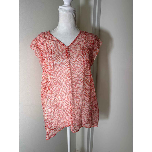 NWT Joie Red White Print Sheer Flutter Sleeve Silk Top Sz S