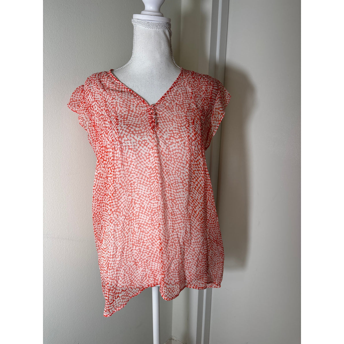 NWT Joie Red White Print Sheer Flutter Sleeve Silk Top Sz S