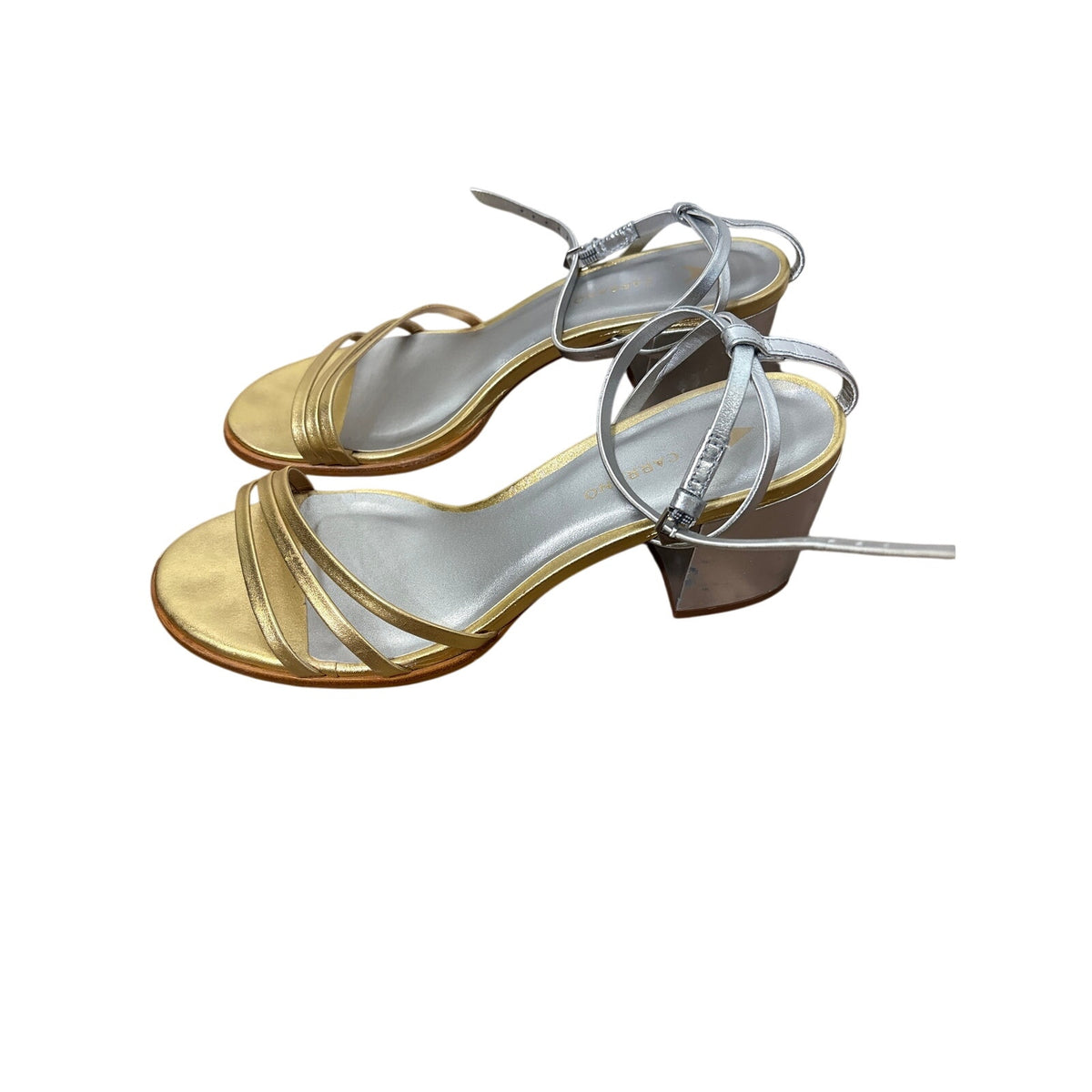 Carrano Gold Silver Strappy Medium Heel Sandal Sz 8