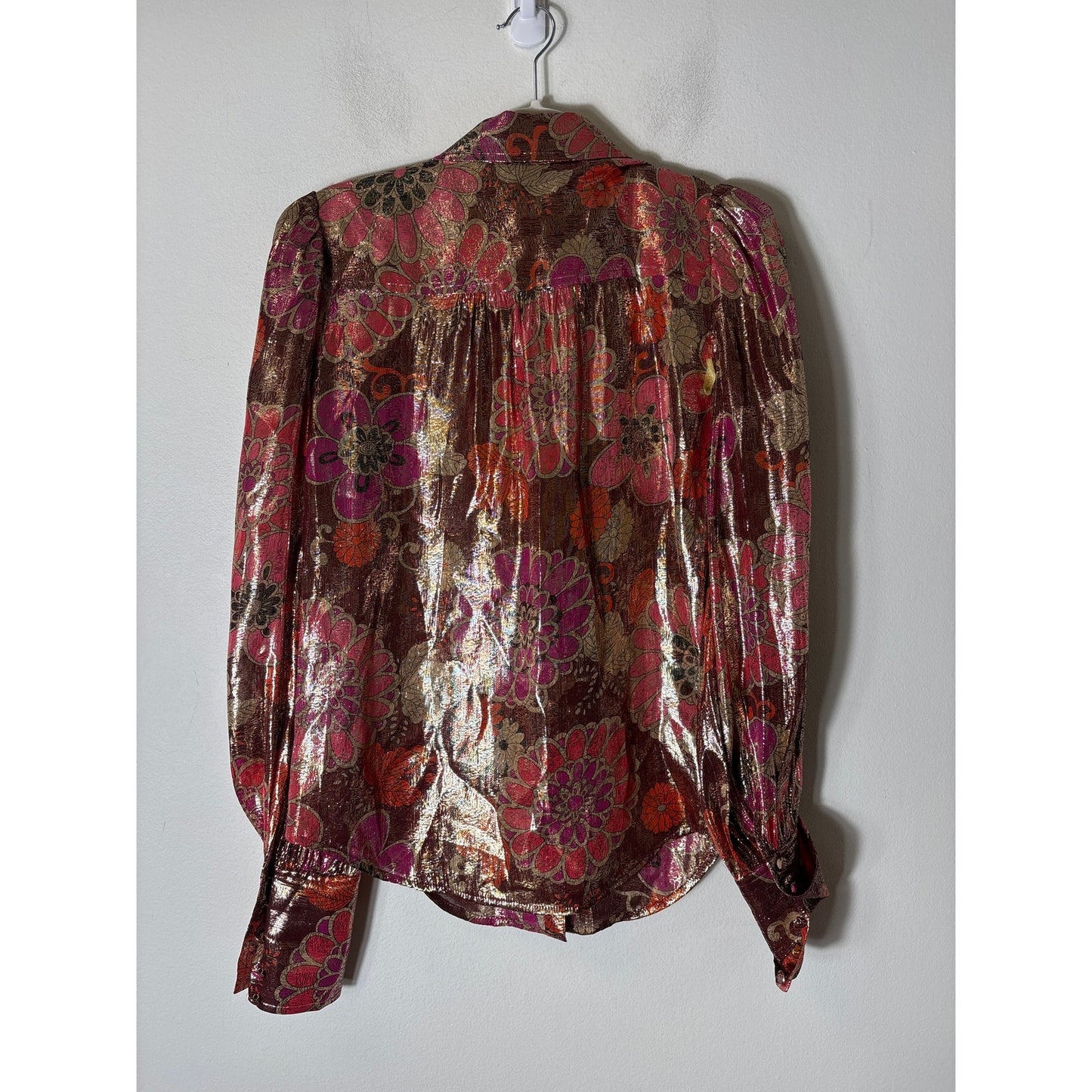 Trina Turk Gold Metallic Long Sleeve Button Up Top Sz S