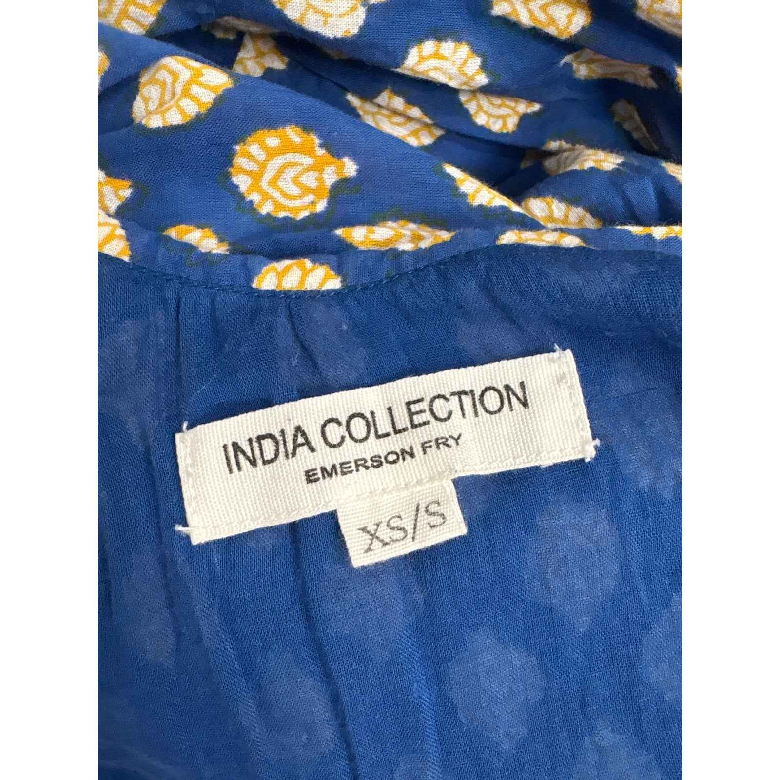 India Collection Blue Yellow Cotton Button UP Spaghetti Strap Maxi Dress Sz Xs/S