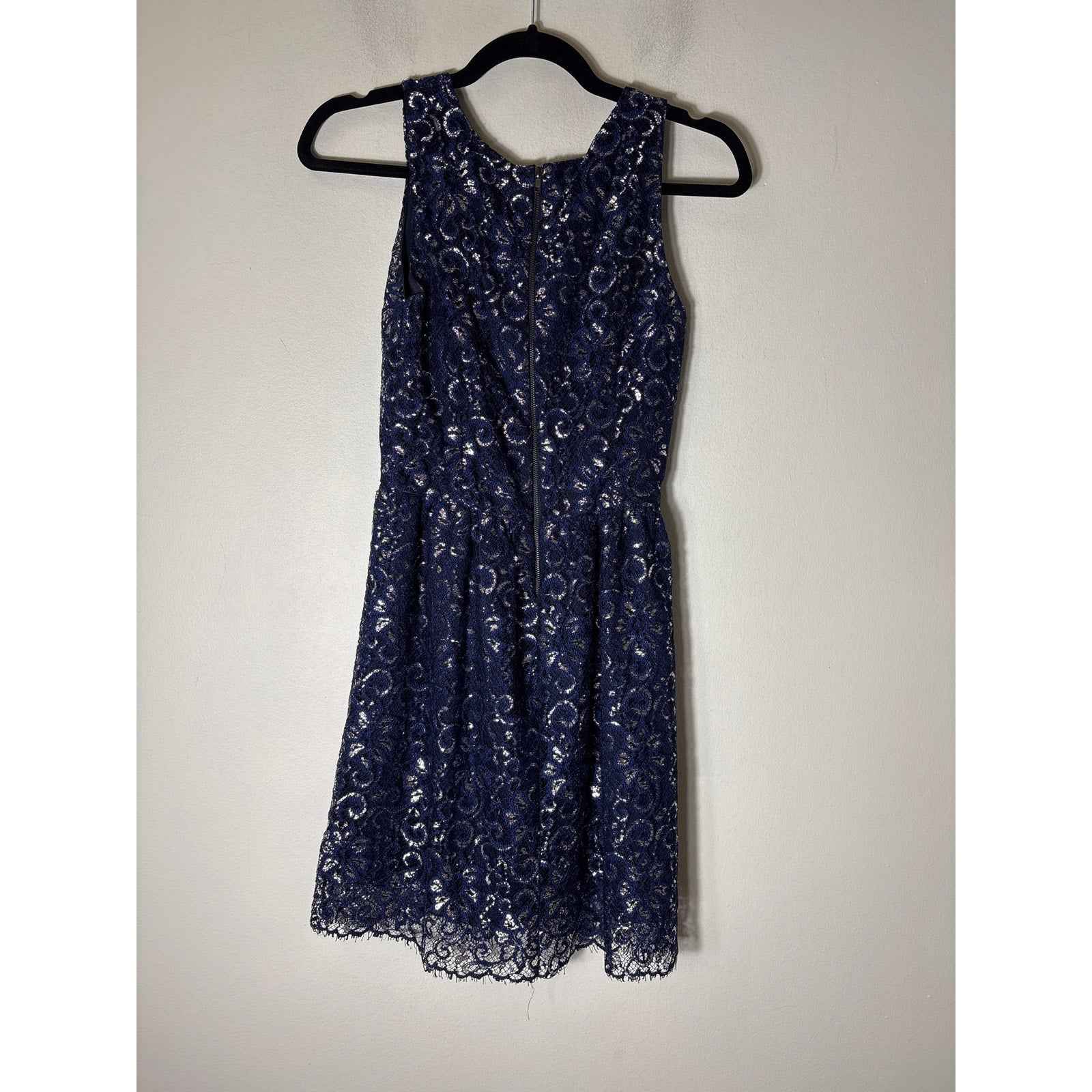 Aqua Navy and Silver Lace V Neck Cocktail Dress Sz XS