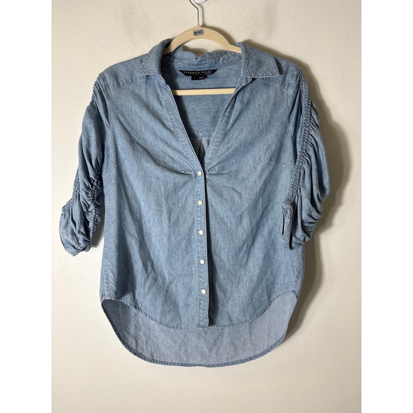 Veronica Beard Light Blue Ruched Sleeve Button Up Shirt Sz S