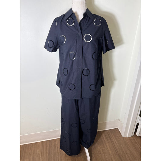 Akris Punto Black Cotton Pull On Wide Leg Cut Out Pants And Top Set Sz 8