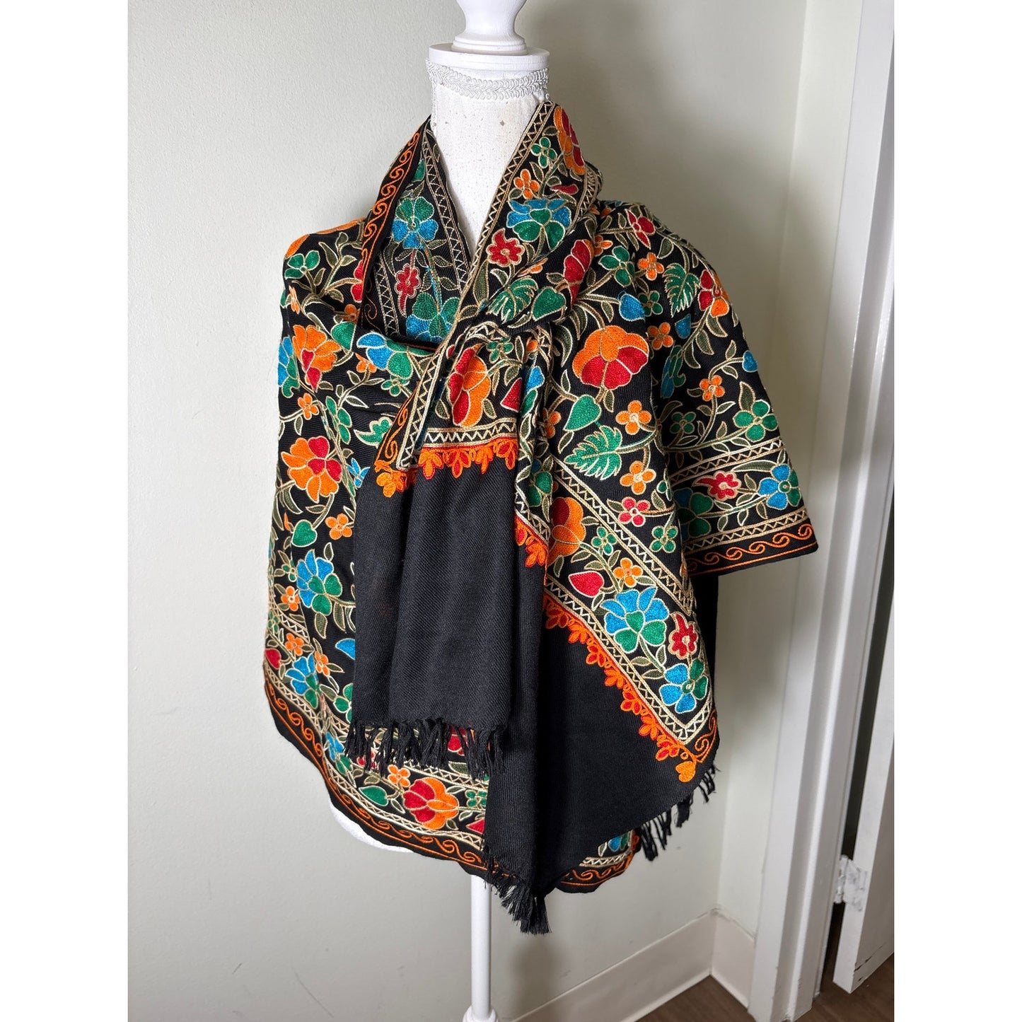 Black Multicolored Floral Embroidered Scarf