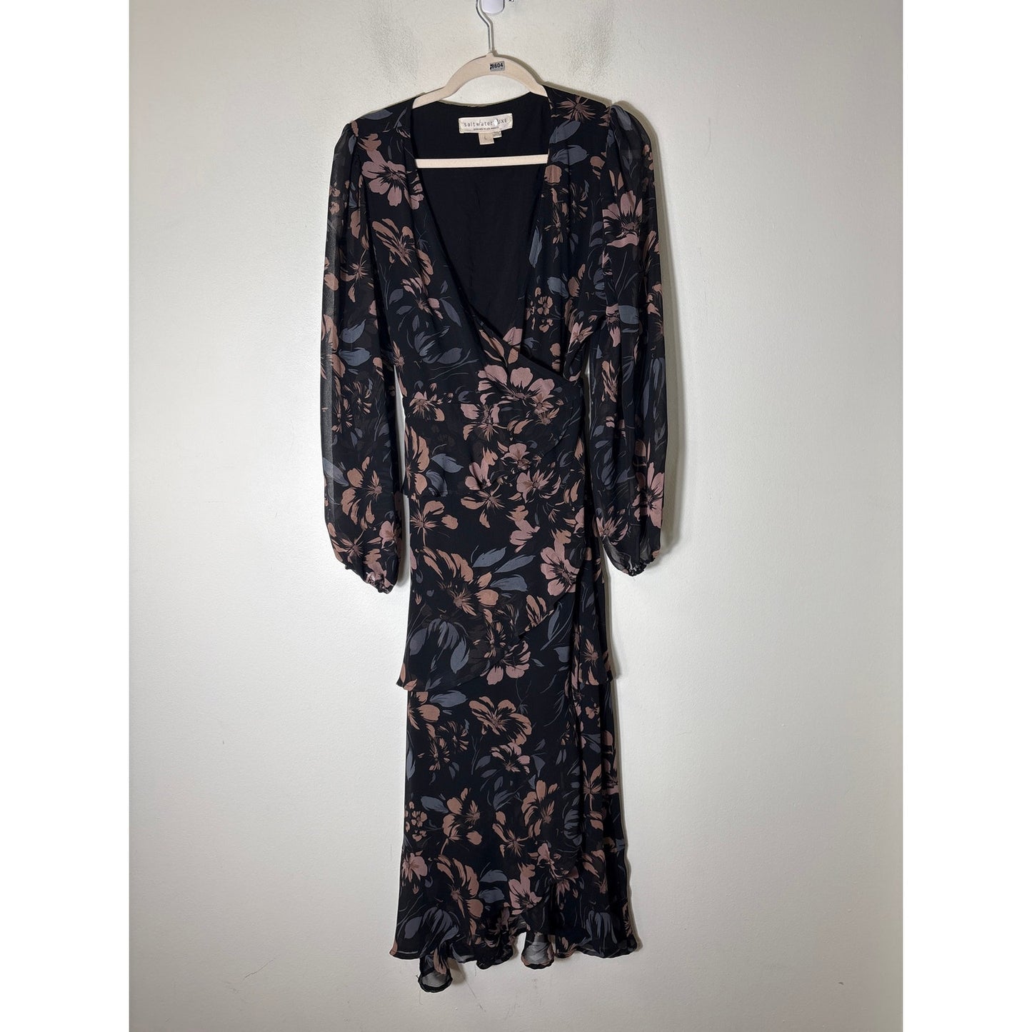 Saltwater Lux Black Brown Floral Wrap Maxi Dress Sz L