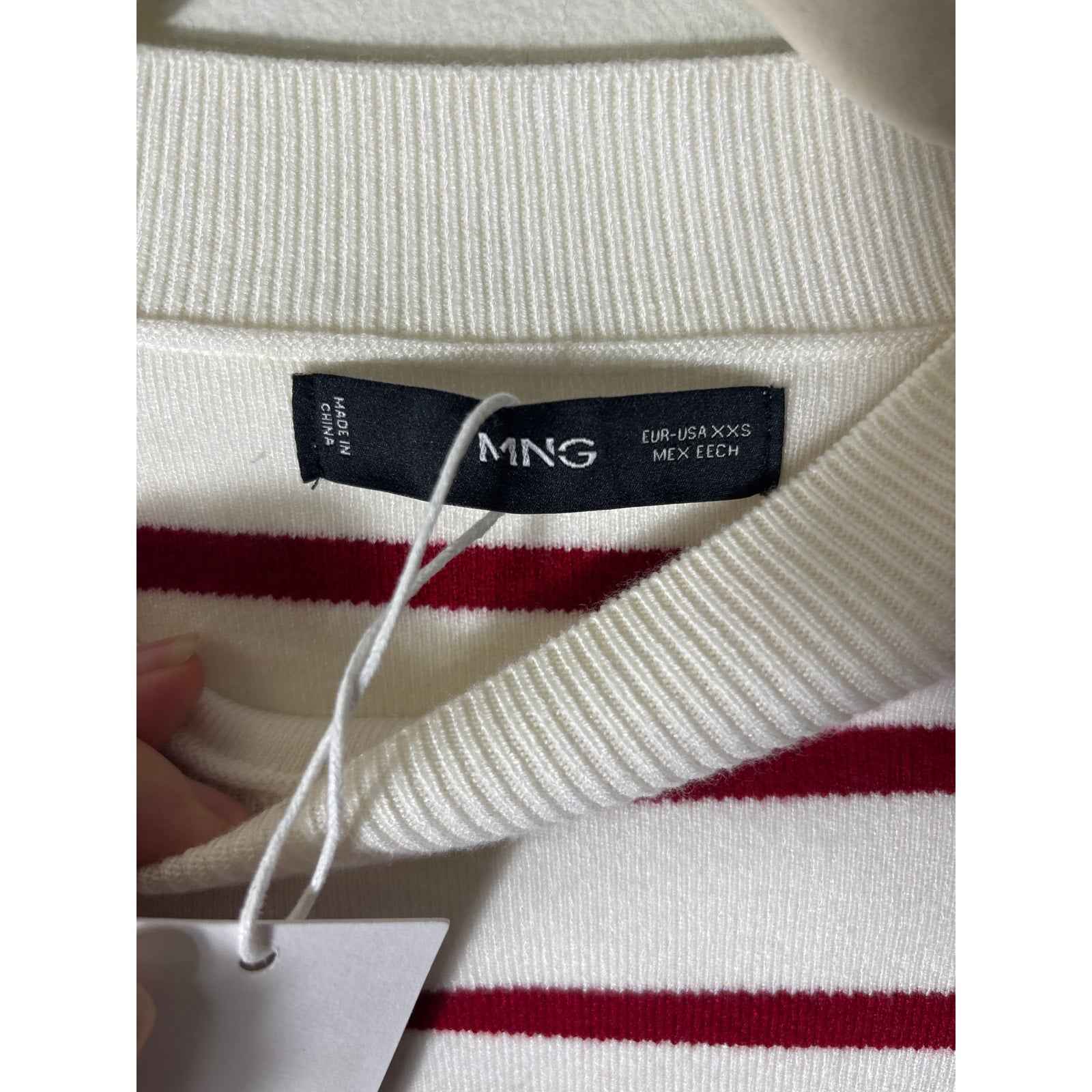 NWT MNG Red and Off White Stripe Long Sleeve Crop Sweater Sz XXS