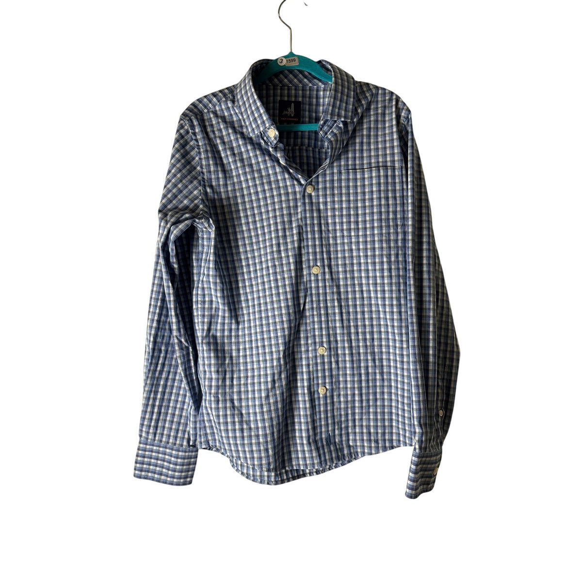 Boys Johnnie O Blue and Gray Gingham Check Button Up Shirt Sz 12