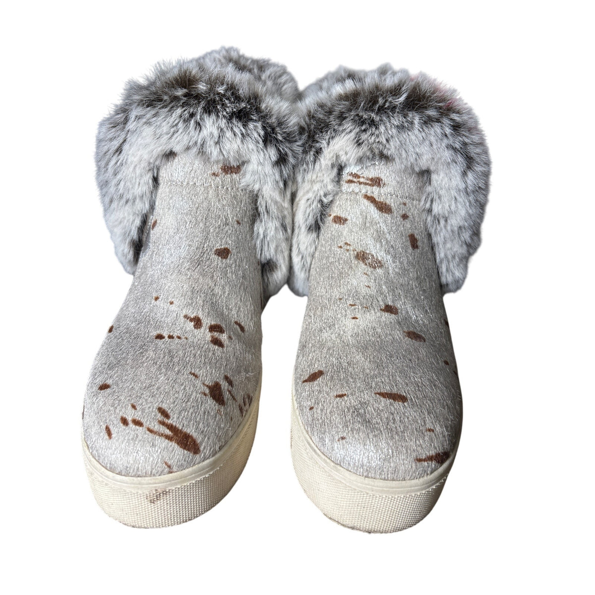 J. Slides Gray/Silver Leather Faux Fur Animal Print Pull On Bootie Sz 8