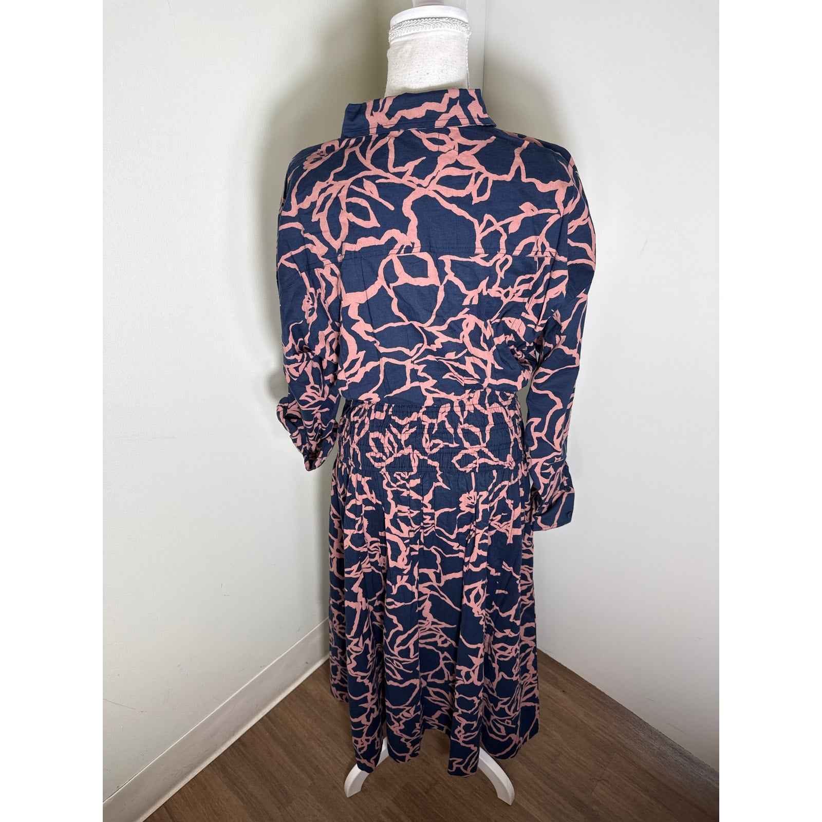Apiece Apart Navy and Brown Long Sleeve Button Up Cotton Maxi Dress Sz M