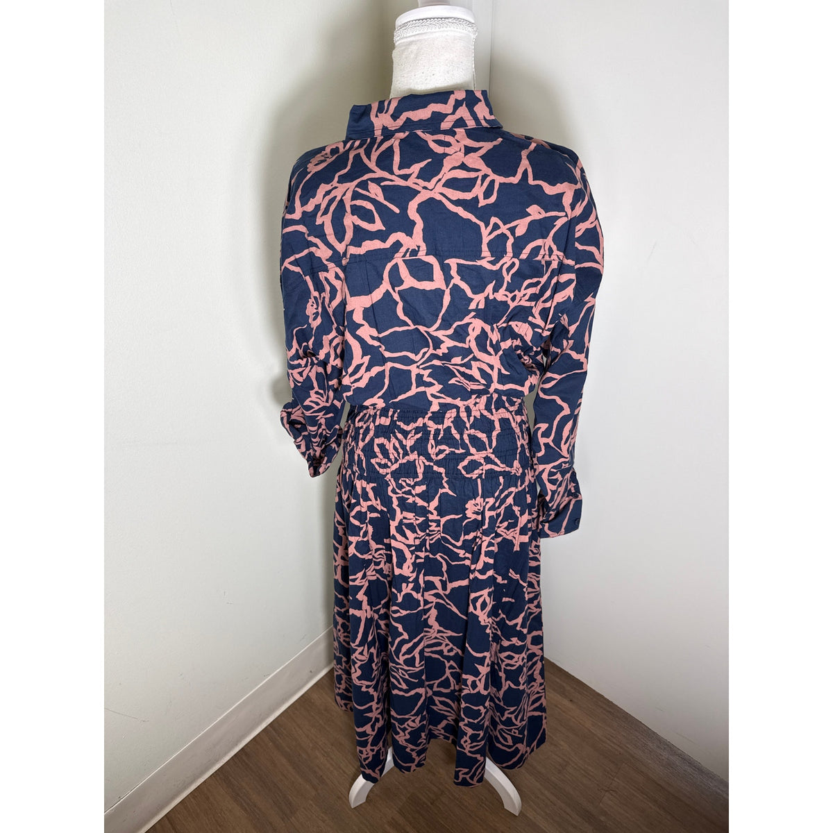 Apiece Apart Navy and Brown Long Sleeve Button Up Cotton Maxi Dress Sz M