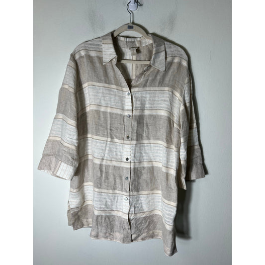 Chico's Off White Tan 3/4 Sleeve Linen Button Up Sz 3