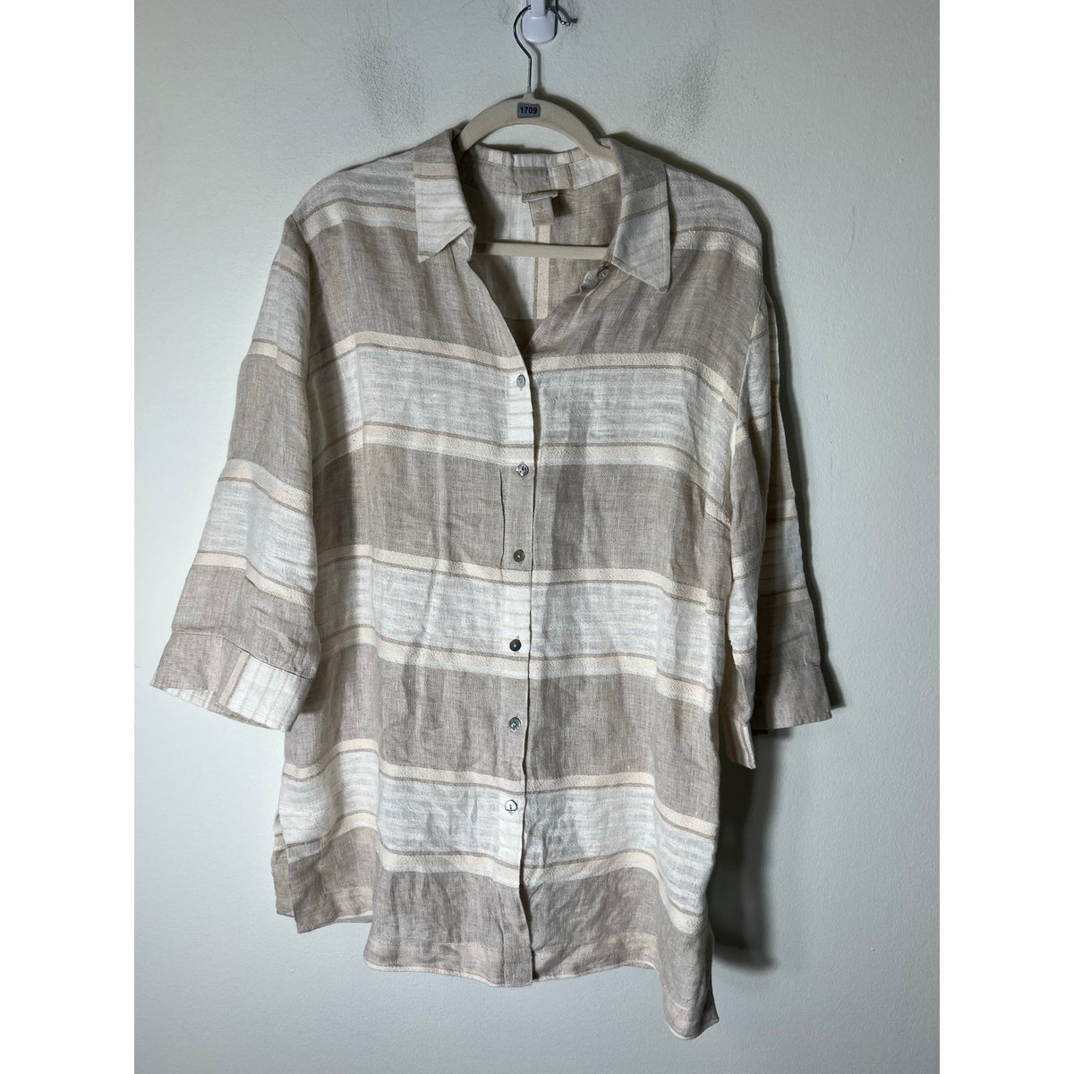 Chico's Off White Tan 3/4 Sleeve Linen Button Up Sz 3