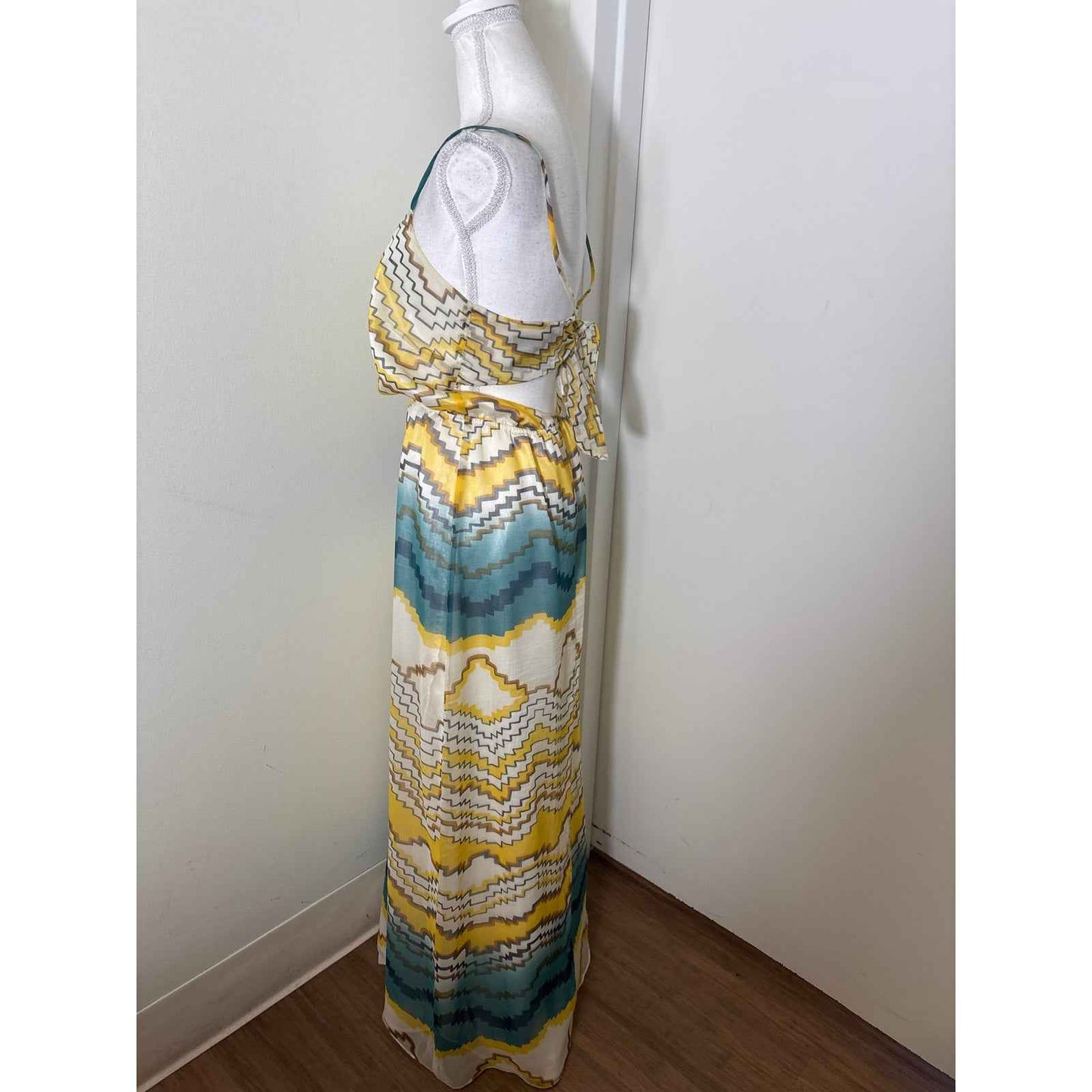 Anthropologie Wendy Katlen Yellow Teal Spaghetti Strap Backless Maxi Dress Sz 4
