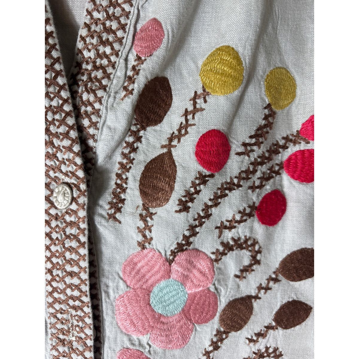 Johnny Was Gray Brown Floral Embroidered Short Sleeve Knee Length Dress Sz S