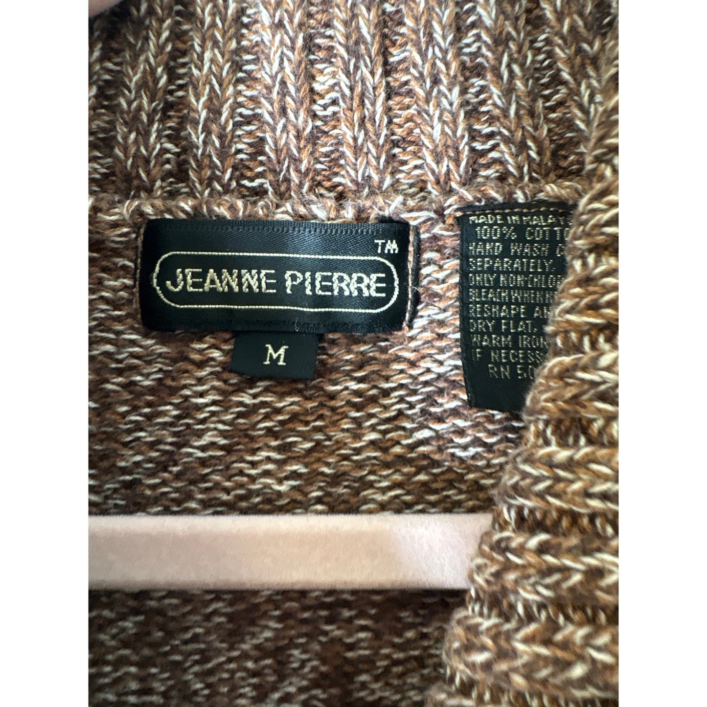 Jeanne Pierre Brown Knit Cotton Foldover Collar Sweater Sz M
