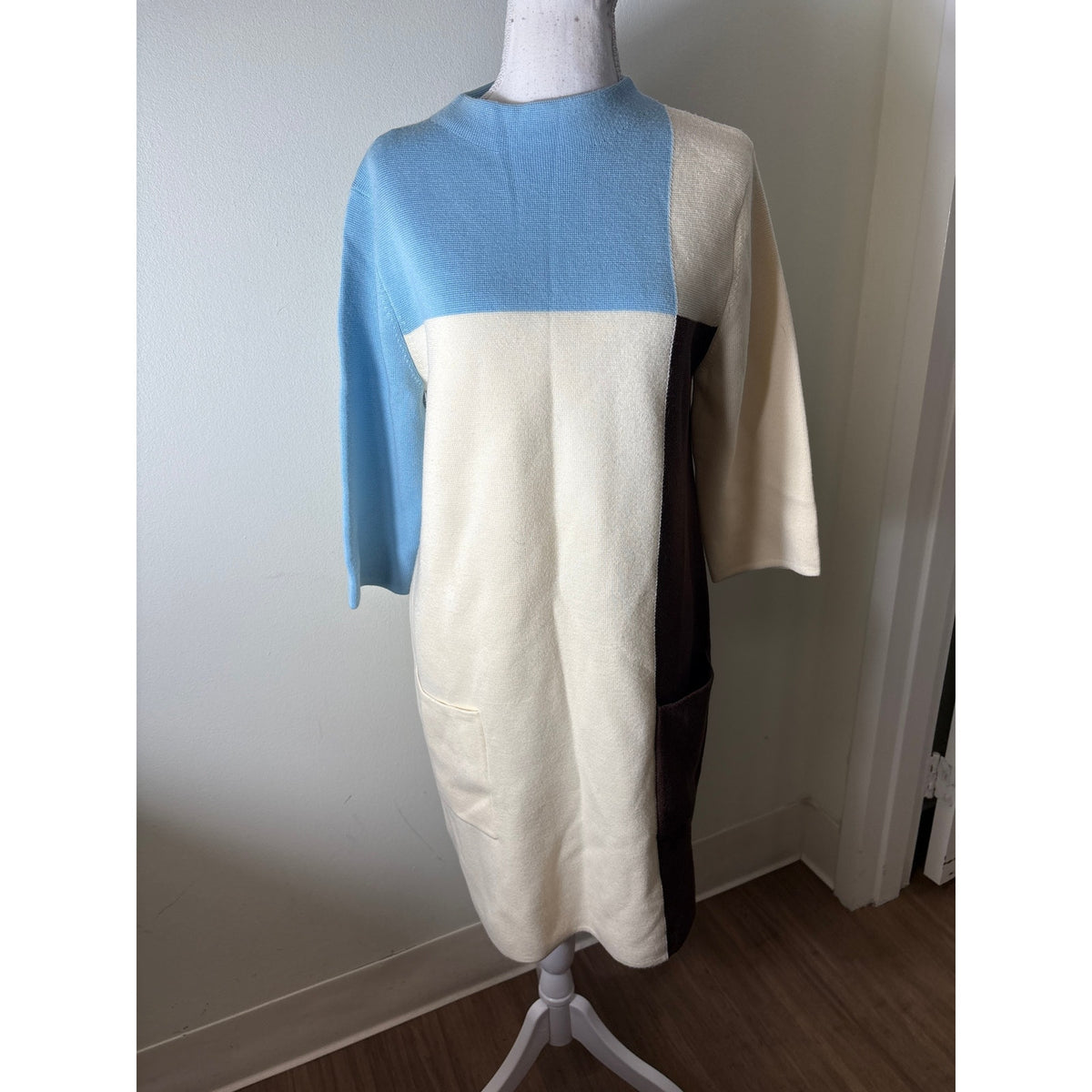 Frances Valentine Light Blue Color Block Long Sleeve Knit Dress Sz M