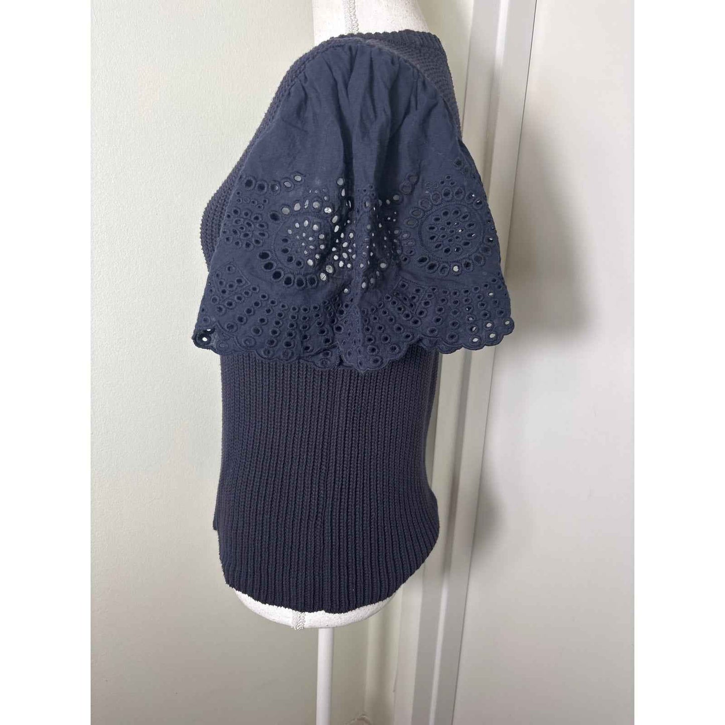 Lilla P Navy Sweater With Eyelet Flutter Sleeve Top Sz L