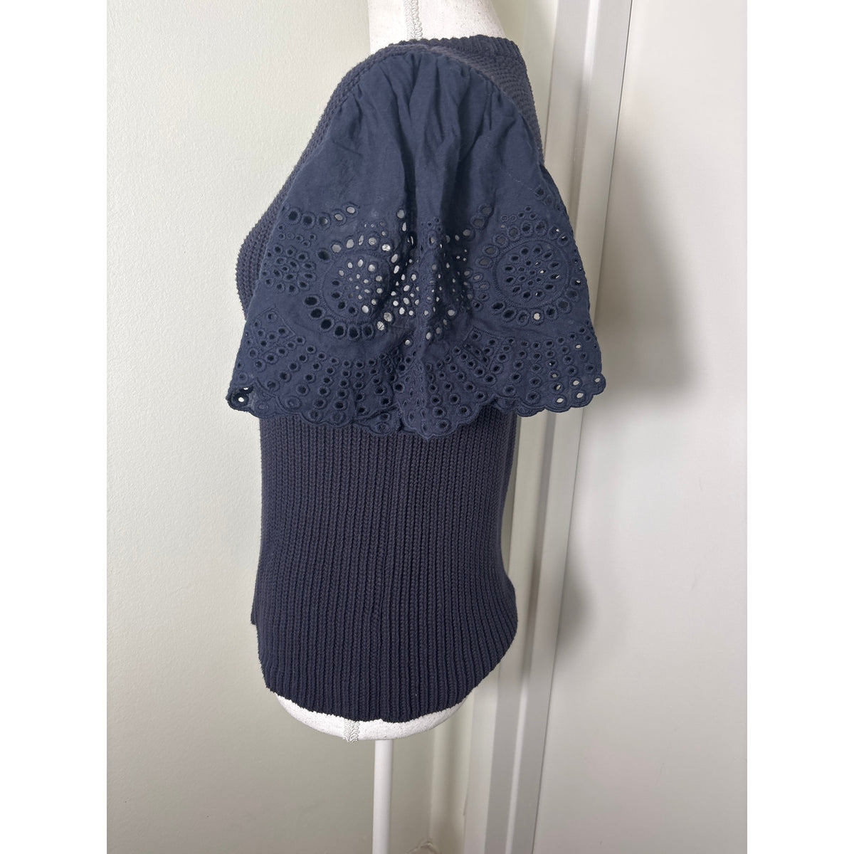 Lilla P Navy Sweater With Eyelet Flutter Sleeve Top Sz L