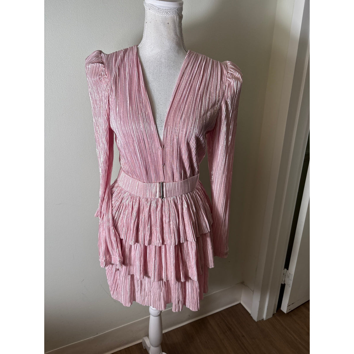 NWT Sabina Musayev Metallic Pink Long Sleeve Hermione Dress Sz S