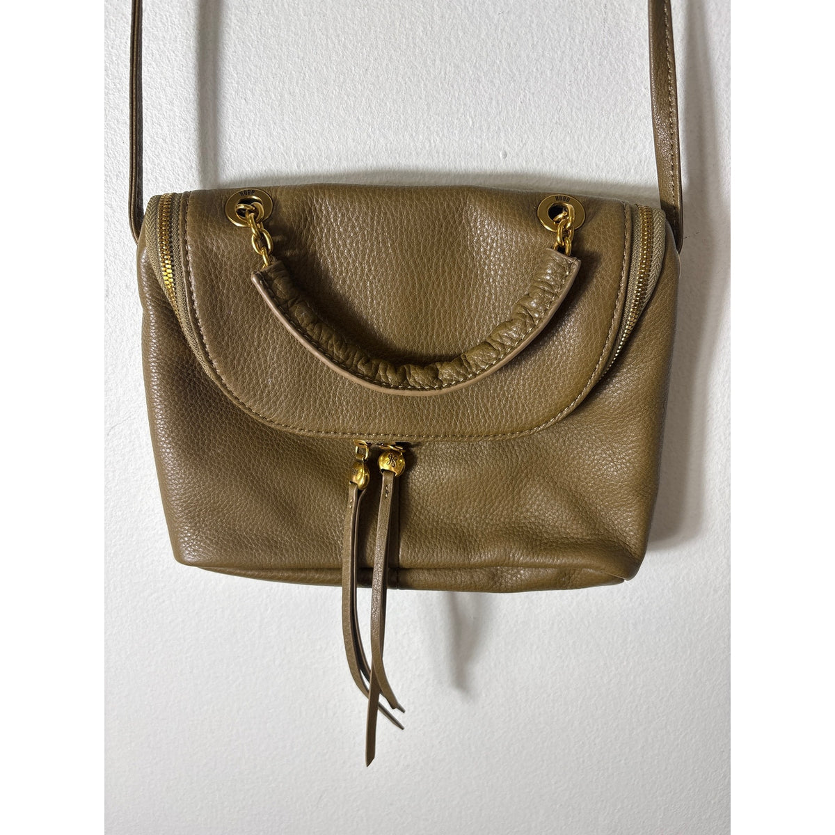 Hobo Greenish Tan Leather Small Crossbody Bag 10x8 Inches