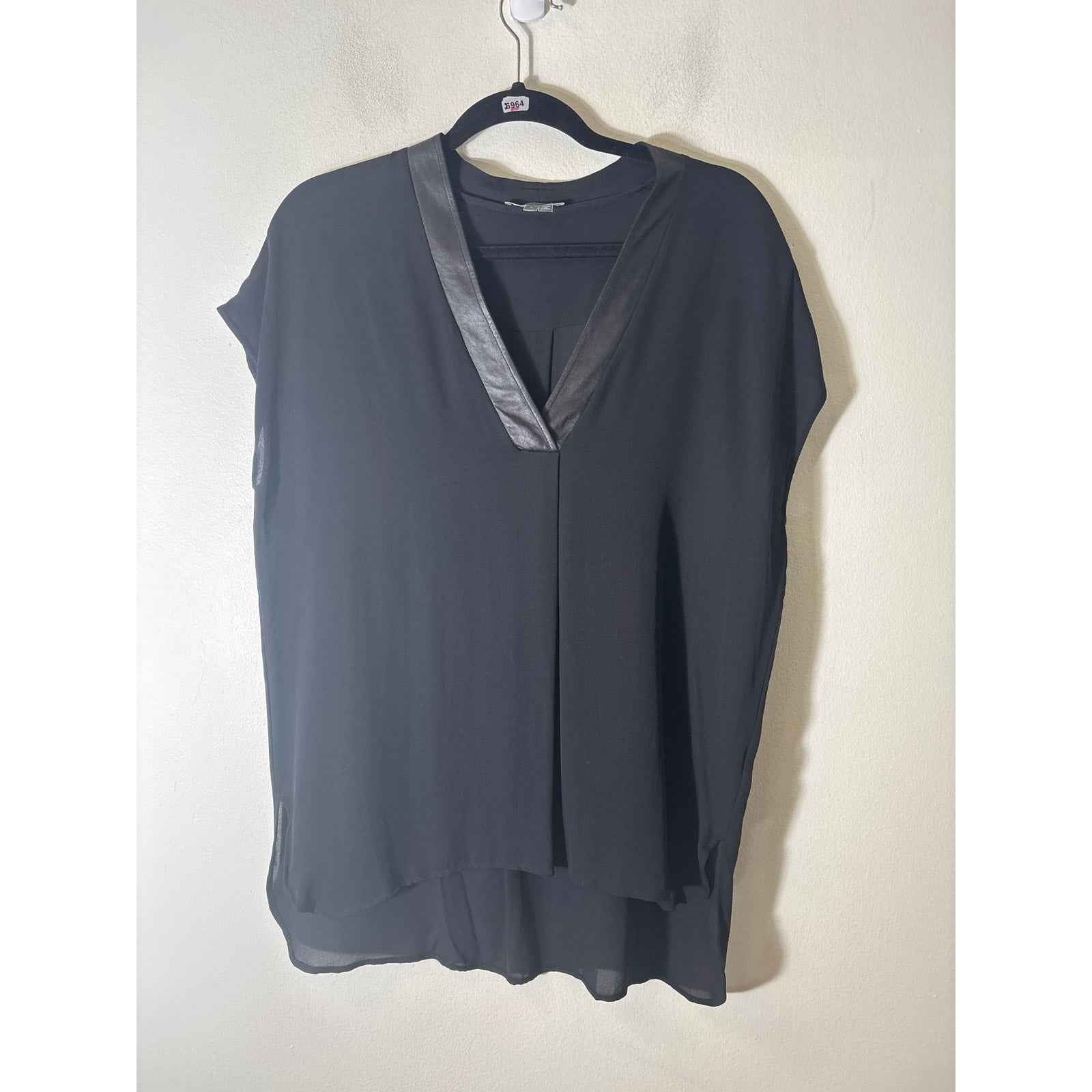 Vince Black Leather V Neck Flowy Blouse Sz L