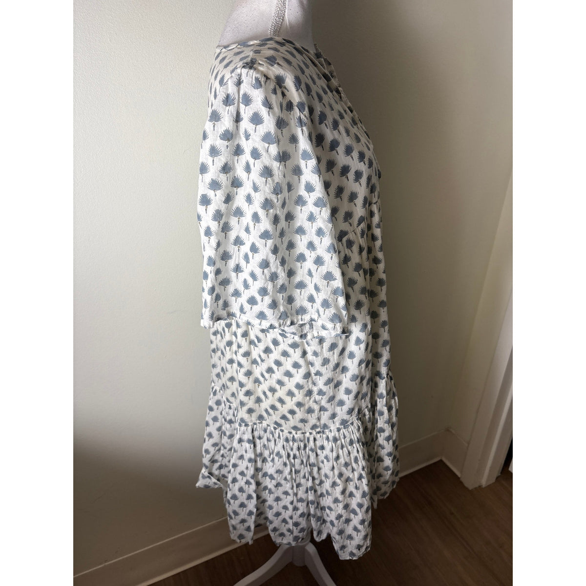 Emerson Fry / India Collection Blue and Cream Palm Block Print Tiered Dress Sz XS/S