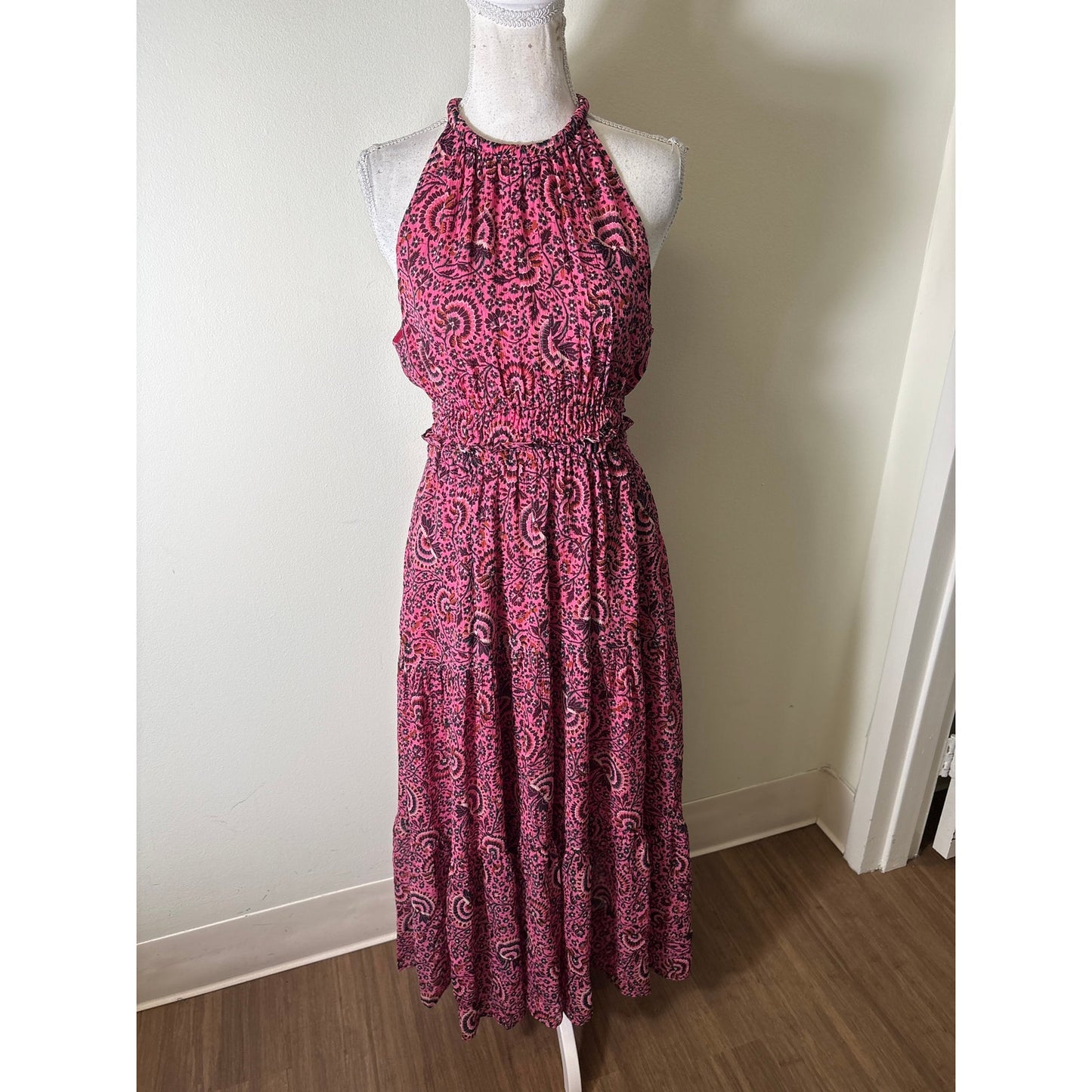 A.L.C Pink Silk Sleeveless Halter Smocked Waist Maxi Dress Sz 6