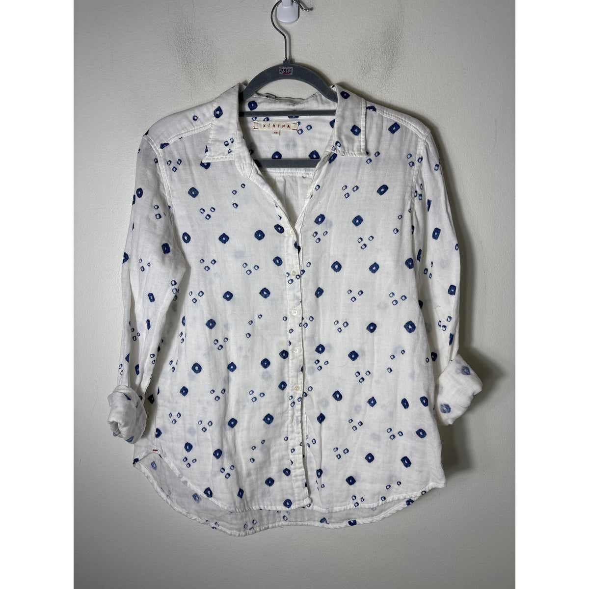 Xirena White Blue Long Sleeve Cotton Button Up Shirt Sz XS