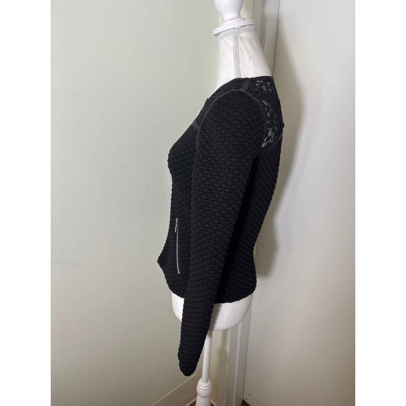 Rebecca Taylor Black Long Sleeve Mixed Media Quilted Zip Up Jacket Sz 0