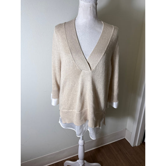 Brochu Walker Oatmeal Long Sleeve V-Neck Layered Sweater Sz L