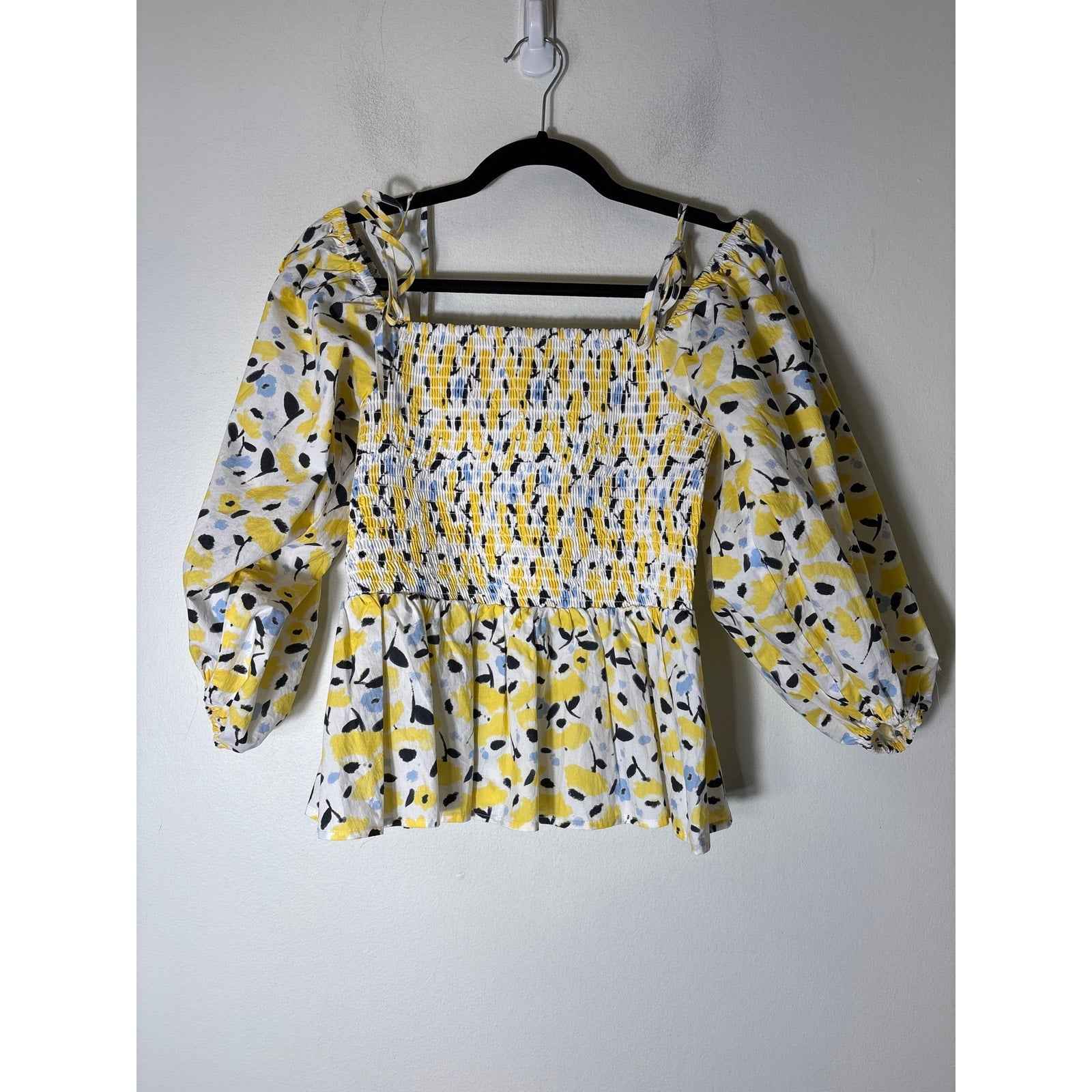 Tayna Taylor Yellow Smocked 3/4 Puff Sleeve Peplum Top Sz S