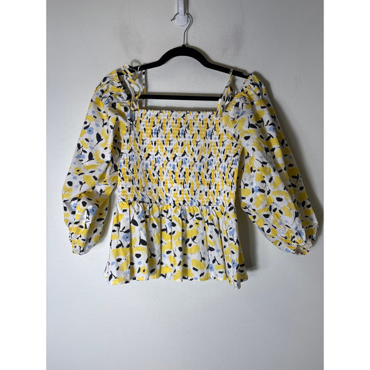 Tayna Taylor Yellow Smocked 3/4 Puff Sleeve Peplum Top Sz S