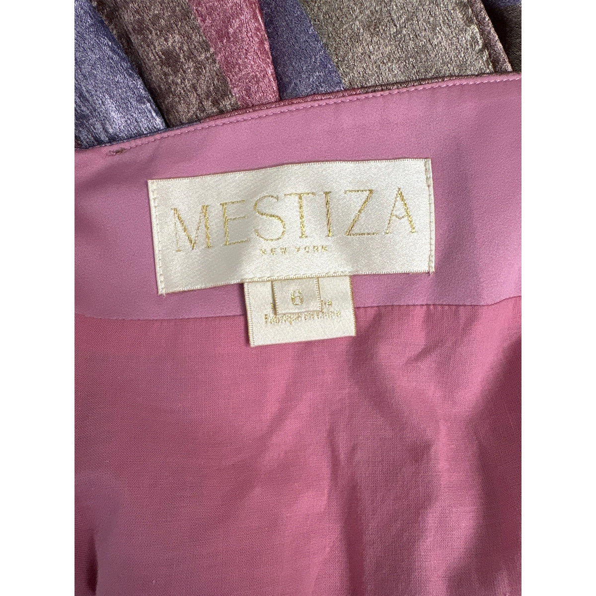 Mestiza Shimmery Pink and Purple Striped Halter Gown Sz 6