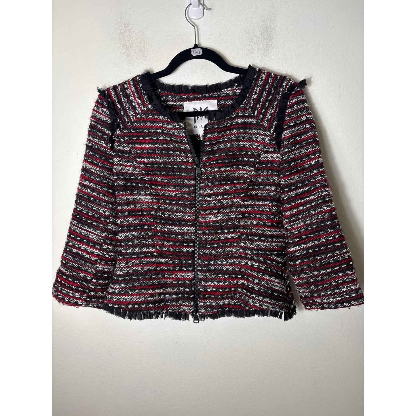 Milly Black and Red Tweed Long Sleeve Zip Up Jacket Sz 6