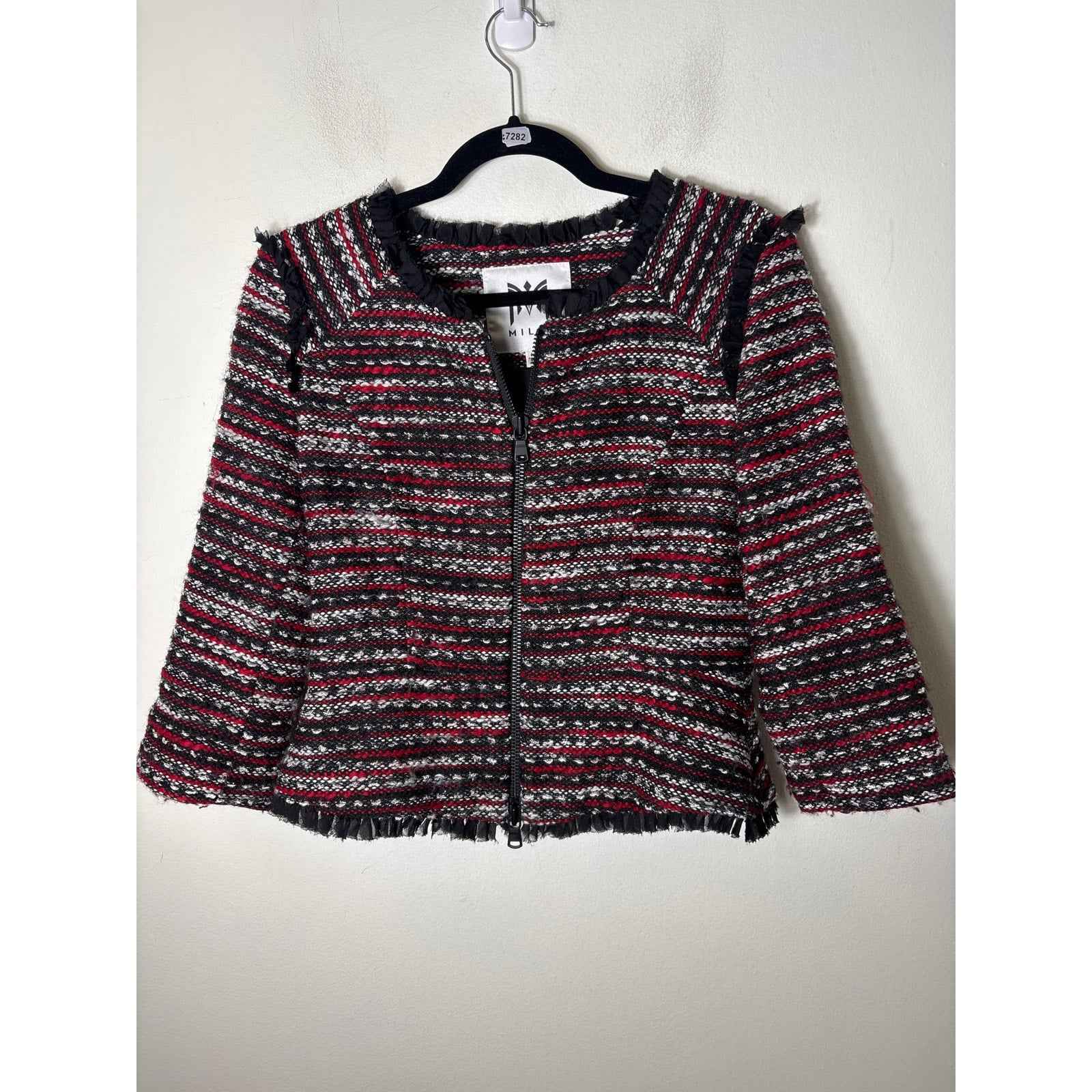 Milly Black and Red Tweed Long Sleeve Zip Up Jacket Sz 6