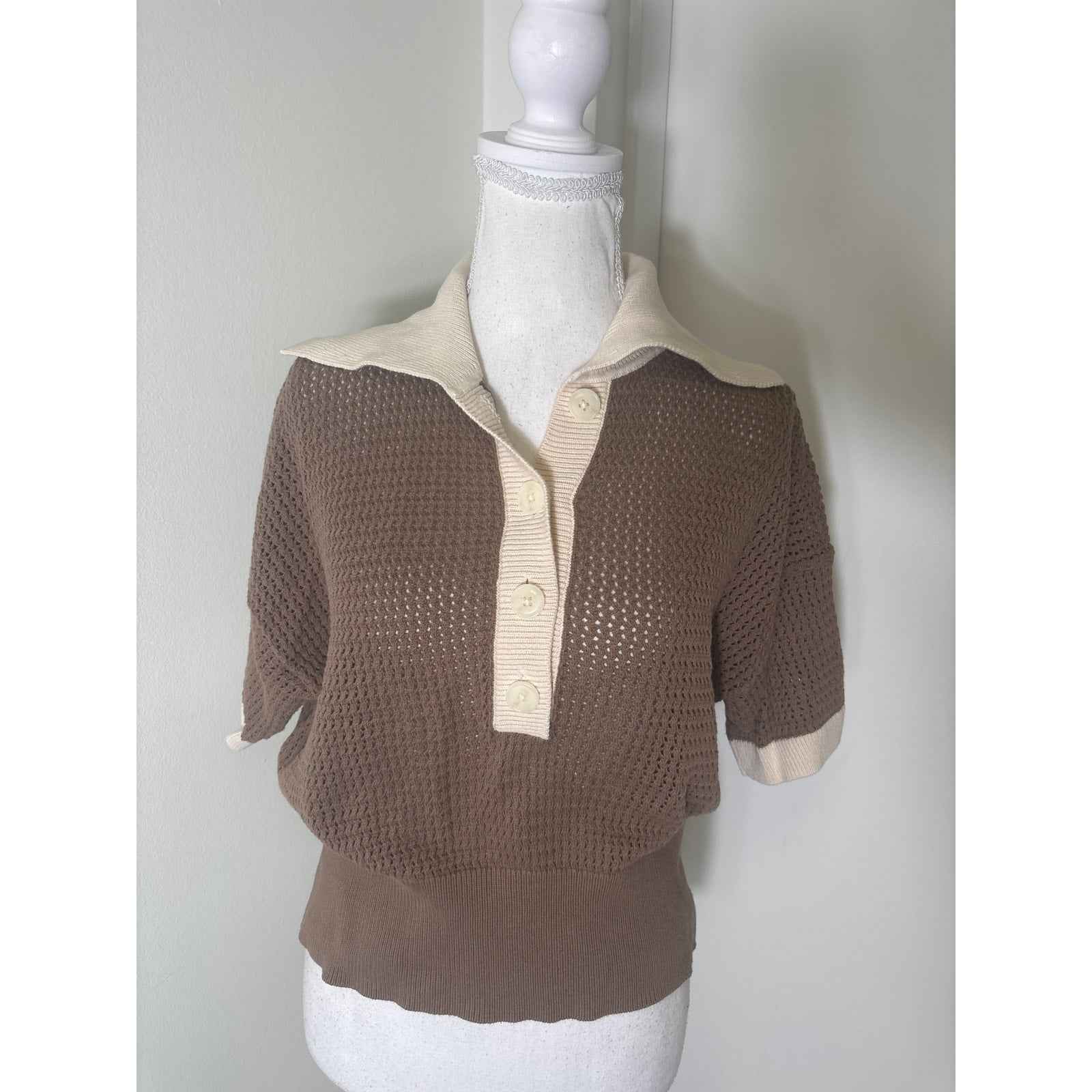 Varley Brown Cypress Turn Up Pant in Stretch Twill, Sweater is Finch Knit Polo Sz S