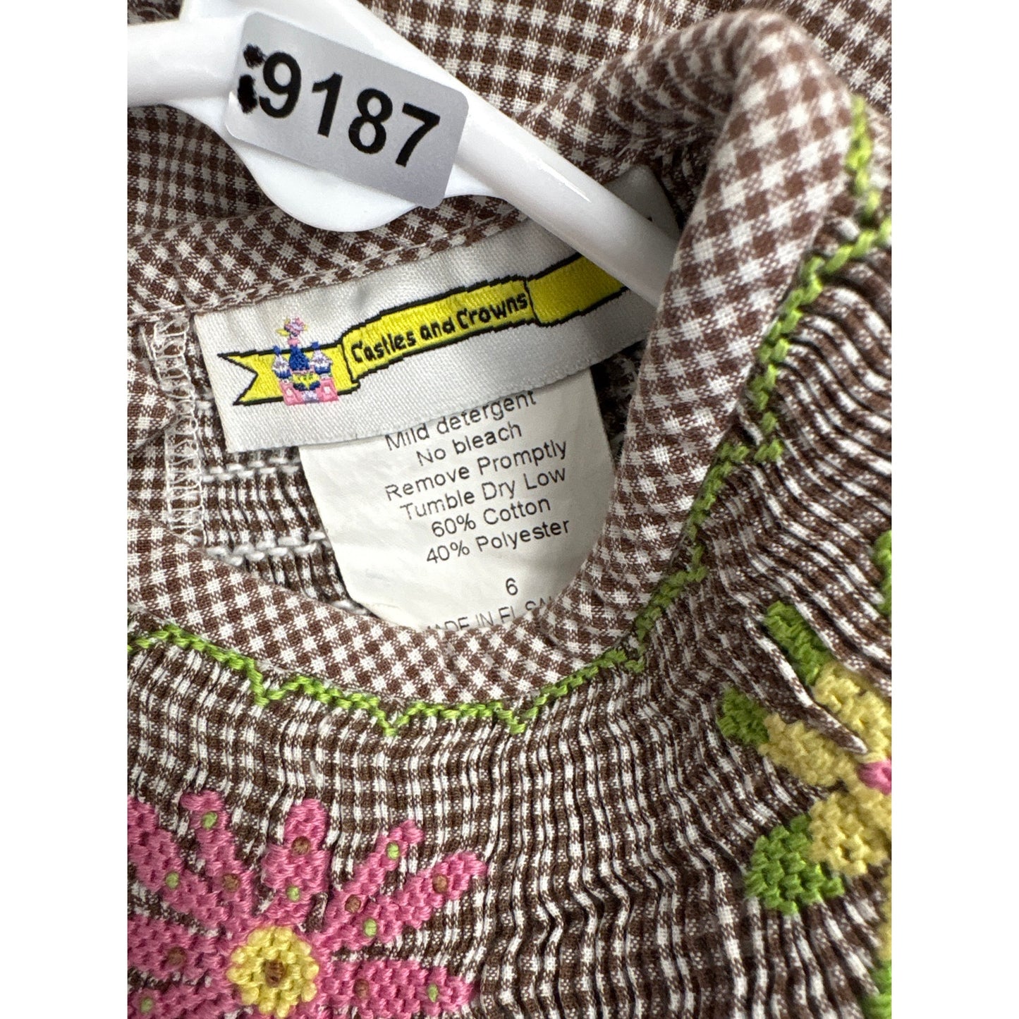 Girls Vintage Castles&Crowns Brown&white Check smocked flowers dress Sz 6