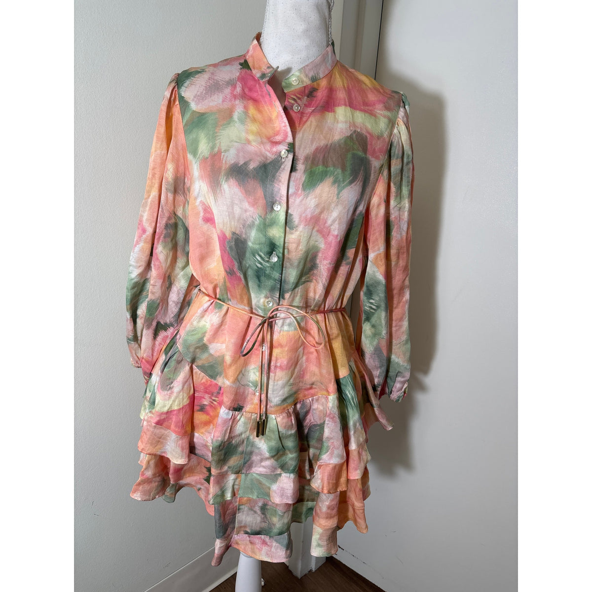 Significant Other Peach Watercolor 3/4 Puff Sleeve Mini Dress Sz 2