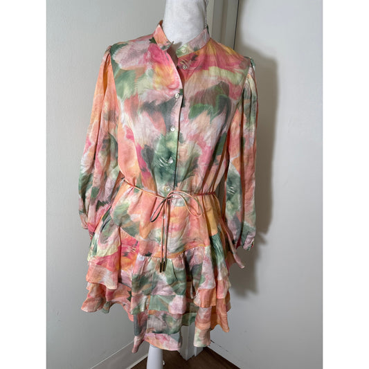 Significant Other Peach Watercolor 3/4 Puff Sleeve Mini Dress Sz 2