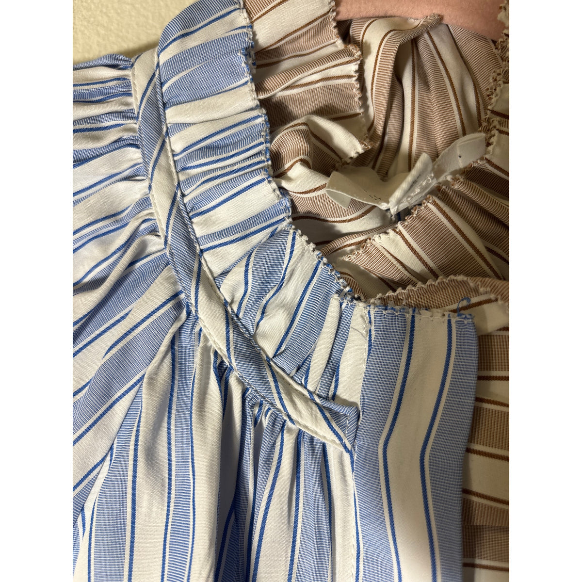 Sundays Blue Tan Stripe Cap Sleeve Button Up Ruffled High Collar Sz S